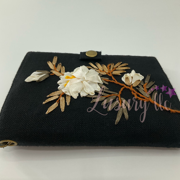 Peony Embroidery Passport Wallet, Birthday Gift, Versatile Washable, Black - Picture 3 of 13